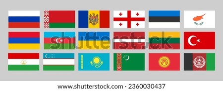 Country flags of Russia, Belarus, Moldova, Georgia, Estonia, Cyprus, Armenia, Azerbaijan, Ukraine, Latvia, Lithuania, Turkey, Tajikistan, Uzbekistan, Kazakhstan, Turkmenistan, Kyrgyzstan, Afghanistan