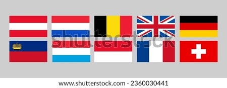 European country flags, Austria, Netherlands, Belgium,  United Kingdom, Germany, Liechtenstein, Luxembourg, Monaco, France, Switzerland