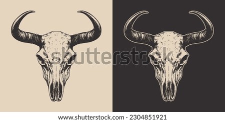 Set of vintage retro scary spooky cow bull skull head skeleton. Cowboy Native American. Can be used like emblem, logo, badge. Monochrome Graphic Art. Vector. Hand drawn element in engraving style.
