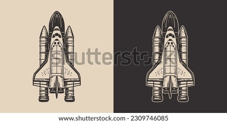 Set of vintage galaxy space rocket shuttle. Can be used like emblem, logo, badge, label. mark, poster or print. Monochrome Graphic Art. Vector. Hand drawn element in engraving style.	