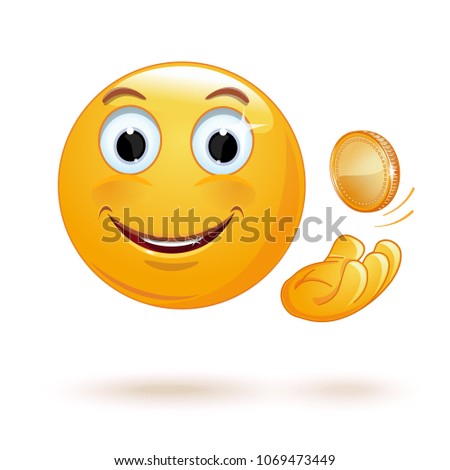 Cheerful smiley tosses up a coin. Rich smiley throwing a coin. Happy smiley with a coin. Vector illustration isolated on white background