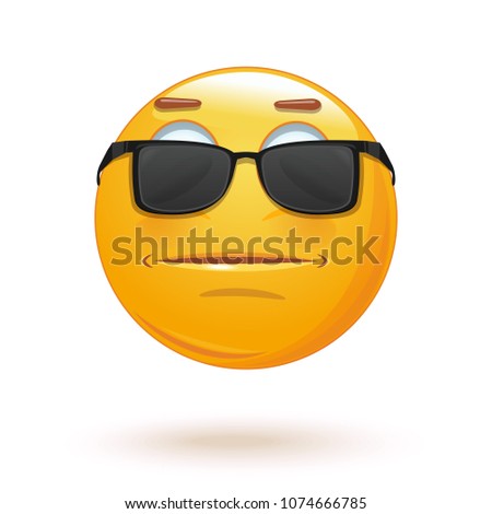 Indifferent emoticon face in sunglasses. Neutral expressionless emoji. Vector illustration