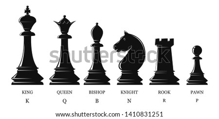 Set of black chess pieces. Chess piece icons. Board game. Vector illustration isolated on white