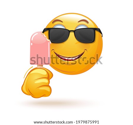 Emoji in sunglasses holding a bitten off ice cream on a stick. Happy emoticon face eating ice cream. Vector illustration