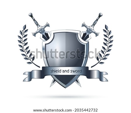 Two crossed swords, laurel branch and shield. Emblem, logo concept design. Shield and sword. Vector illustration
