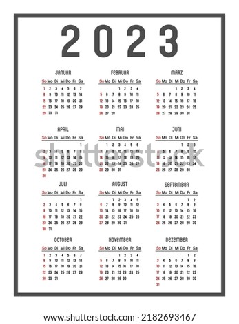 Calendar of 2023 in German. The days of the week are at the top, week start Sunday. Vector illustration Stock foto © 
