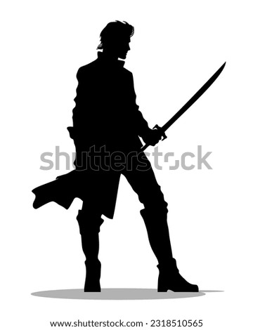 Silhouette of a man with a court sword in a long cloak and high boots. Vector illustration