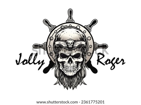 A pirate's skull against the background of a ship's wheel. Jolly Roger. Vector illustration isolated on white background