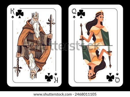 Queen of Clubs and King of Clubs, original playing card design on black background. Vector illustration