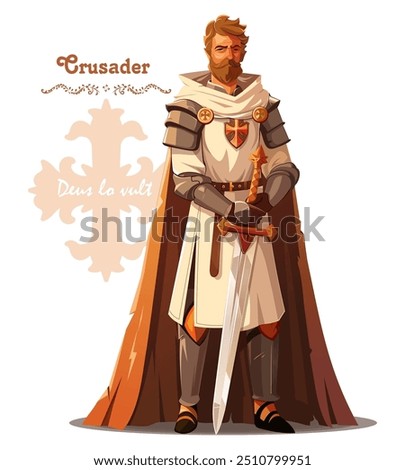 Image of a crusader with a sword, in armor and a cloak. The Crusaders' motto in Latin is - Deus lo vult (God wills it). Vector illustration