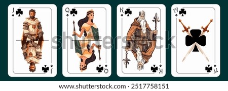 Jack of clubs, queen of clubs, king of clubs, ace of clubs. Playing cards design. Vector illustration