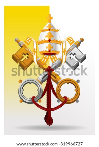 Vatican City State coat of arms on the background of the flag. Vector illustration.