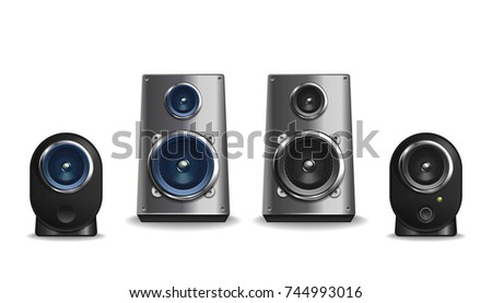 Desktop audio speakers collection of different shapes and sizes. Metal and plastic loudspeakers set. Vector illustration