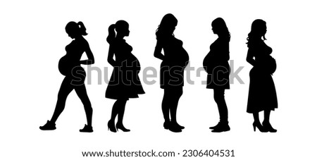 Vector illustration. Silhouette of a pregnant girl. Future mom. Big set.