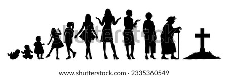 Vector illustration. Silhouette of growing up man from baby to old age. Many people of different ages in a row.