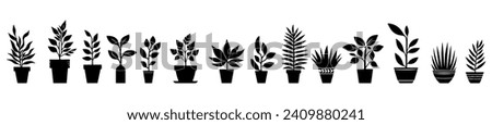 Vector illustration. Silhouette of flowers in pots. Large set of plants.