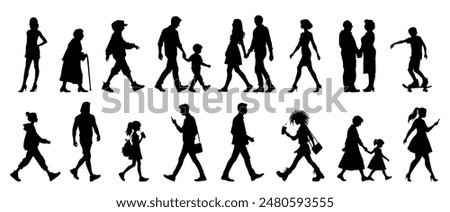 Vector illustration. Large set of black silhouettes of people. People are walking.
