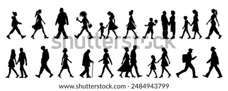 vector illustration. silhouettes of people walking along the street. Large set of characters of different ages.	
