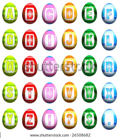 Mix of 6 colors of 3d rendered Easter eggs with the letters of the alphabet on them.