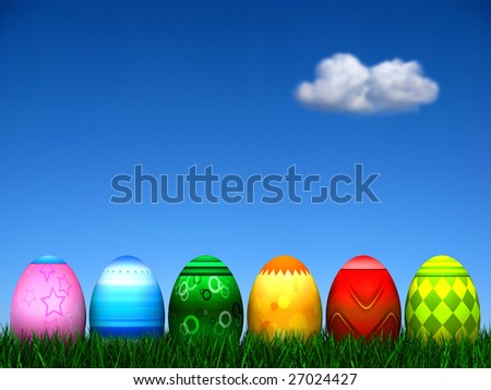 6 highly detailed Easter Eggs in the grass with an out of focus beautiful blue sky background with a single cloud. See more variations in my Gallery