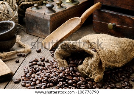 Roasted coffee beans in vintage setting
