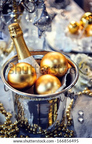 Christmas table setting with champagne