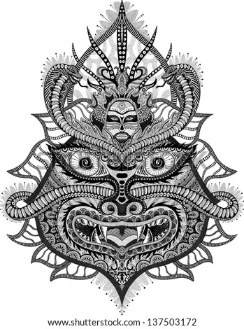 Tribal psychedelic mask with snakes, hand-drawn, original style