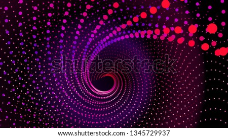 Top view swirl from dots in perspective depth. Array structure of 3d sea. Vector technology background. Colorful infinity space funnel for print or web design.