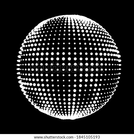 Abstract halftone textured sphere. Disco ball with lines and flare. Electric jet impulse discharges. Enveloping waves of thickened flows. Vector illustration for logo or icons.