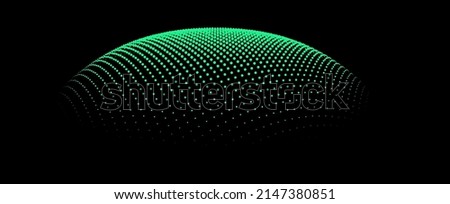 Bubble swelling as mountain. Hill, spherical protrusion. Hemisphere from dots.. Particle points dimension sound wave. Part of sphere effect polar hill globe surface. Big data flow calculation. Stockfoto © 