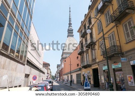 Turin, Italy - july 21, 2015: Street in Turin center with view on The Mole Antonelliana