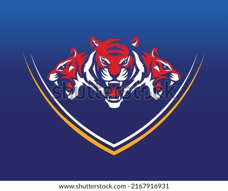 sign vector modern element  template style yellow white lines blue colour red poster background 3 head lion tiger animal icon logo symbol power angry