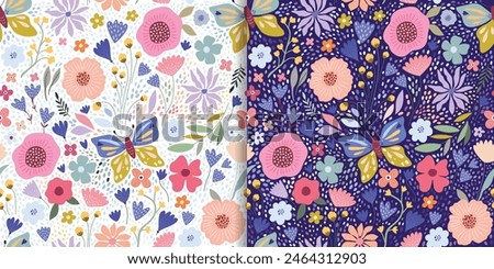 Summer floral seamless patterns set with colorful flowers, butterflies and plants, seasonal vegetation, decorative wallpapers, elegant backgrounds