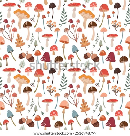 Autumnal seamless pattern with decorative mushrooms and leaves, seasonal wallpaper