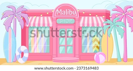 Cartoon Beach Shop front view. Pink barbiecore trendy cafe building. Girl Birthday backdrop. Malibu surf store background. Pink doll aesthetic. 