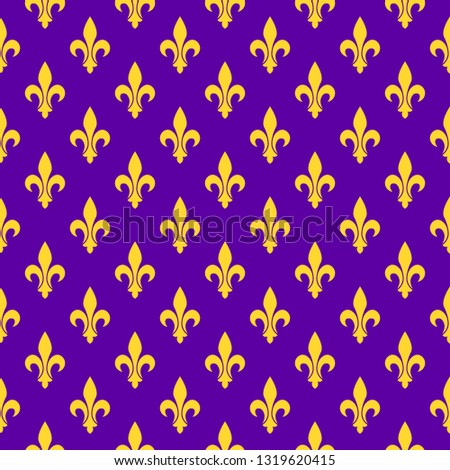 Purple bright seamless pattern. Fleur-de-list symbol of Mardi Gras or Fat Tuesday. 