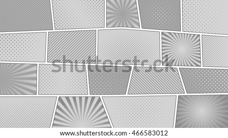 Comic strip monochrome background with 16:9 aspect ratio. Different colorful panels. Rays, lines, dots. Template, vector, eps 10. Foto d'archivio © 