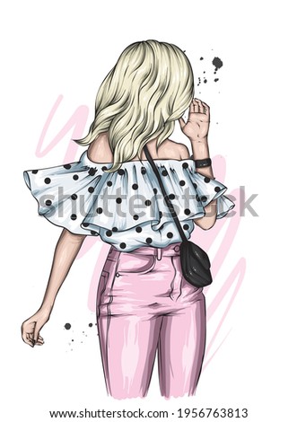 Beautiful girl in a stylish top and jeans. Vector illustration. Fashion and style, clothing and accessories.