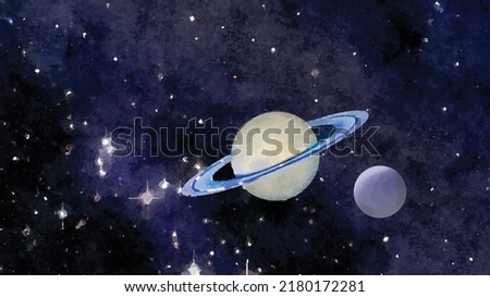  
Saturn planet in deep space with Titan, Rhea, Dione moon satellite. 
Astronomy abstract concept background. Galaxy creative wallpapers. Watercolor style. Vector illustration. Clipart