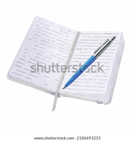 Notepad with pen vector. Notebook on white background. Diary illustration. Diary cartoon style. Scratchpad picture. Jotter. Watercolor style. Clipart for logo, greeting card and decoration.