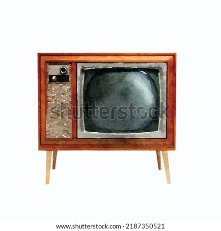 Tv on white background. Retro tv vector picture. Old television. Tv cartoon picture. Vintage tube. Retro style. Vintage television. Watercolor drawing. Picture for logo, greeting card and design.