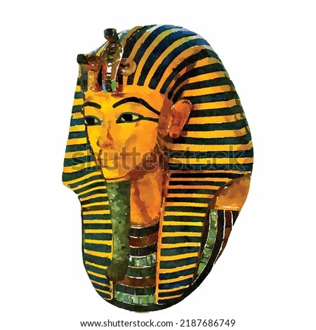 Mask of Tutankhamun vector picture. Tutankhamun watercolor. Pharaoh hand drawn. Egypt style illustration. Cartoon pharaon. Museum exponate. Clipart for logo, design and decoration.