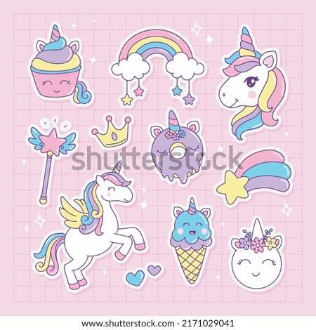 Collection of kawaii unicorn, rainbow, star, cupcake, ice cream, magic wand, crown, dessert on a pink background stickers pack