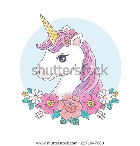 Beautiful unicorn face with flowers drawing illustration
