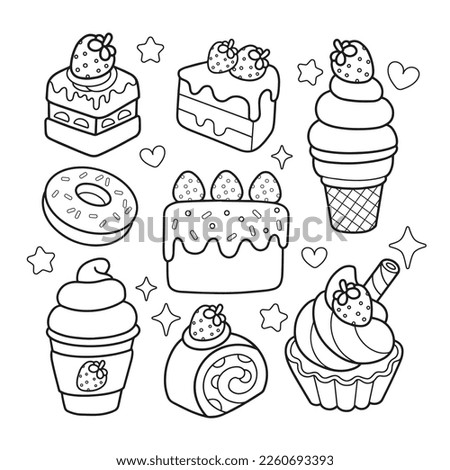 Kawaii strawberry desserts coloring page illustration