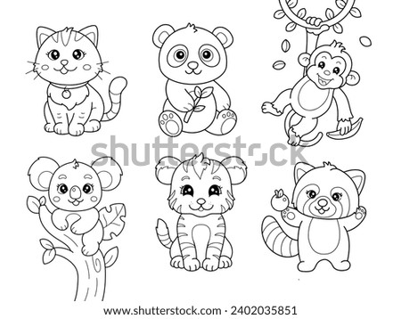 Animal outline for kids coloring page including cat, panda, monkey, koala, tiger, and red panda