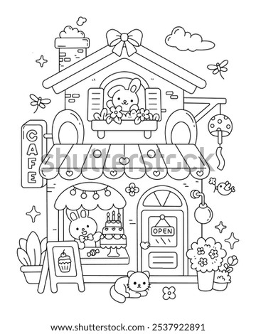 Cute kawaii cafe store building with bunny and cat printable coloring page