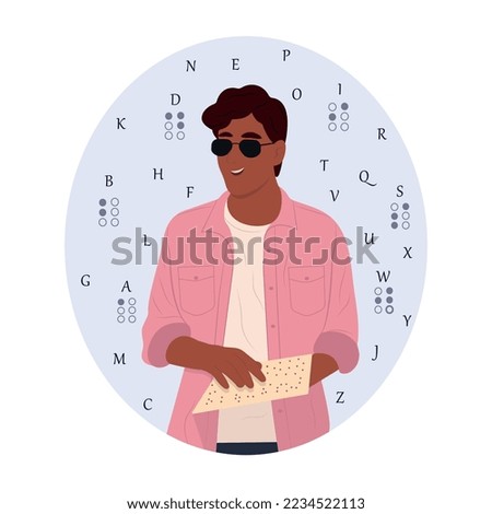 World Braille Day. Young black smiling blind man wearing glasses reads something in braille. World Braille Day. Vector flat illustration