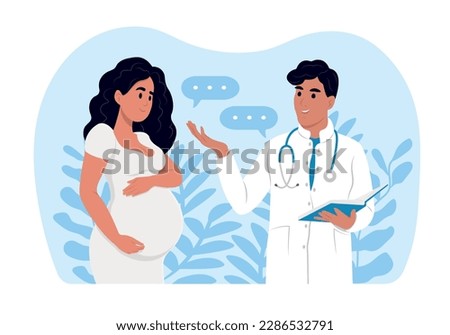 A pregnant woman is talking to an obstetrician gynecologist. A woman expecting a baby visits the doctors office, examination during pregnancy. Consultation and examination during pregnancy concept.