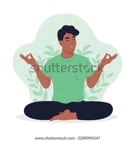 World mental health day illustration. Black man meditating with eyes closed.